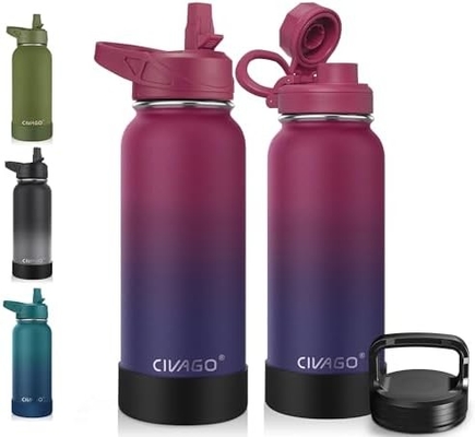 32 oz isolierte Wasserflasche mit Stroh, Edelstahl-Sport-Wasserflasche mit 3 Deckeln (Strau, Sprudel und Deckel)