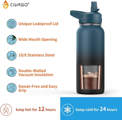 32 oz isolierte Wasserflasche mit Stroh, Edelstahl-Sport-Wasserflasche mit 3 Deckeln (Strau, Sprudel und Deckel)