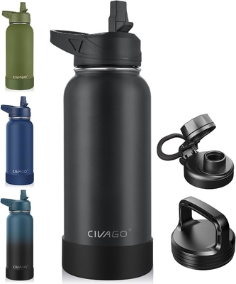 32 oz isolierte Wasserflasche mit Stroh, Edelstahl-Sport-Wasserflasche mit 3 Deckeln (Strau, Sprudel und Deckel)
