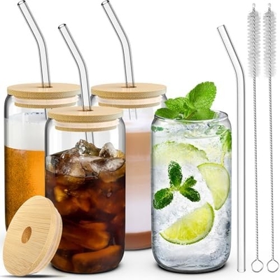 4 Set Glasbecher mit Deckel und Strohhalmen 16 Unzen, Gläser Trinkset, Eiskafetasse mit Bambusdeckel,