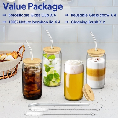 4 Set Glasbecher mit Deckel und Strohhalmen 16 Unzen, Gläser Trinkset, Eiskafetasse mit Bambusdeckel,