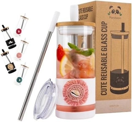 Glasbecher mit Deckel und Strohhalmen -20 Fl Oz- perfekte Größe Eiskaffee-Tasse - Smoothie-Tasse mit Bambus