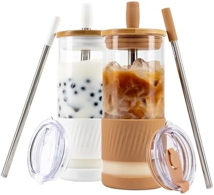 Glasbecher mit Deckel und Strohhalmen -20 Fl Oz- perfekte Größe Eiskaffee-Tasse - Smoothie-Tasse mit Bambus