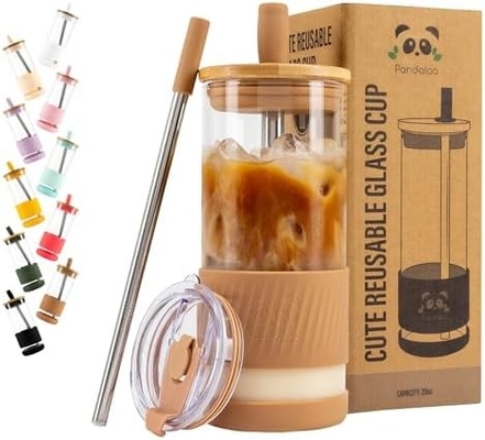 Glasbecher mit Deckel und Strohhalmen -20 Fl Oz- perfekte Größe Eiskaffee-Tasse - Smoothie-Tasse mit Bambus
