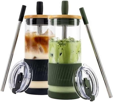 Glasbecher mit Deckel und Strohhalmen -20 Fl Oz- perfekte Größe Eiskaffee-Tasse - Smoothie-Tasse mit Bambus