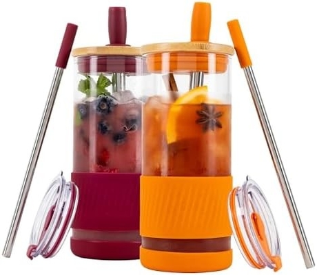 Glasbecher mit Deckel und Strohhalmen -20 Fl Oz- perfekte Größe Eiskaffee-Tasse - Smoothie-Tasse mit Bambus