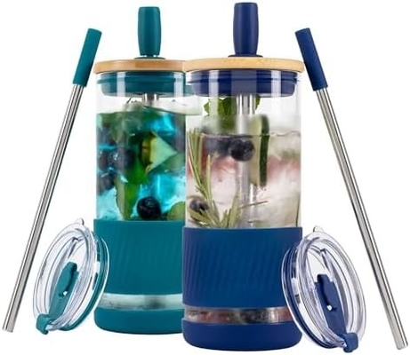 Glasbecher mit Deckel und Strohhalmen -20 Fl Oz- perfekte Größe Eiskaffee-Tasse - Smoothie-Tasse mit Bambus