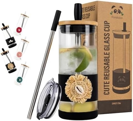Glasbecher mit Deckel und Strohhalmen -20 Fl Oz- perfekte Größe Eiskaffee-Tasse - Smoothie-Tasse mit Bambus