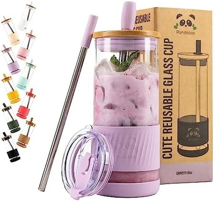 Glasbecher mit Deckel und Strohhalmen -20 Fl Oz- perfekte Größe Eiskaffee-Tasse - Smoothie-Tasse mit Bambus