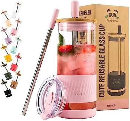 Glasbecher mit Deckel und Strohhalmen -20 Fl Oz- perfekte Größe Eiskaffee-Tasse - Smoothie-Tasse mit Bambus