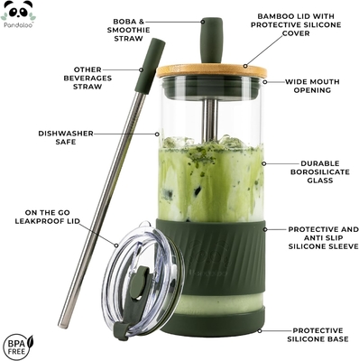 Glasbecher mit Deckel und Strohhalmen -20 Fl Oz- perfekte Größe Eiskaffee-Tasse - Smoothie-Tasse mit Bambus