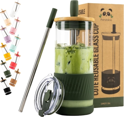 Glasbecher mit Deckel und Strohhalmen -20 Fl Oz- perfekte Größe Eiskaffee-Tasse - Smoothie-Tasse mit Bambus