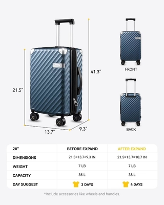 Gepäck 22x14x9 Fluggesellschaft zugelassen - 35L Polycarbonat ausweitbarer Hard Shell Koffer mit Drehrädern (Schwarz, 20 Zoll)