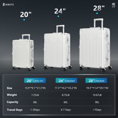 Gepäck ohne Reißverschluss mit 4 Rädern 20 Zoll Schalenkoffer mit PC + ABS TSA Schloss 4 Metall Ecke Weiß