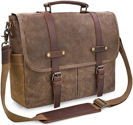 15.6 Zoll wasserdicht Vintage echtes Leder Wachs Leinwand Aktentasche Großes Leder Computer Laptop Tasche robuste Tasche