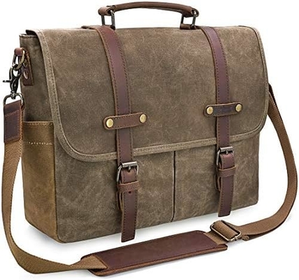 15.6 Zoll wasserdicht Vintage echtes Leder Wachs Leinwand Aktentasche Großes Leder Computer Laptop Tasche robuste Tasche