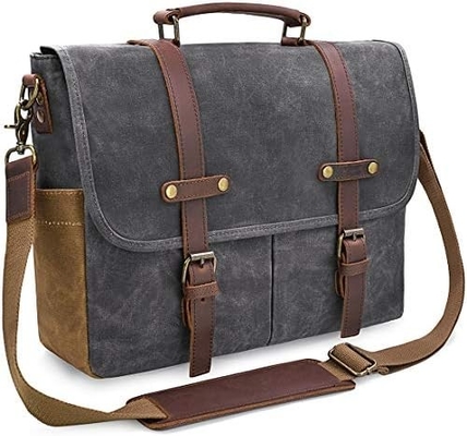 15.6 Zoll wasserdicht Vintage echtes Leder Wachs Leinwand Aktentasche Großes Leder Computer Laptop Tasche robuste Tasche