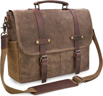 15.6 Zoll wasserdicht Vintage echtes Leder Wachs Leinwand Aktentasche Großes Leder Computer Laptop Tasche robuste Tasche
