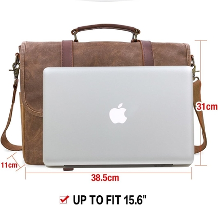 15.6 Zoll wasserdicht Vintage echtes Leder Wachs Leinwand Aktentasche Großes Leder Computer Laptop Tasche robuste Tasche