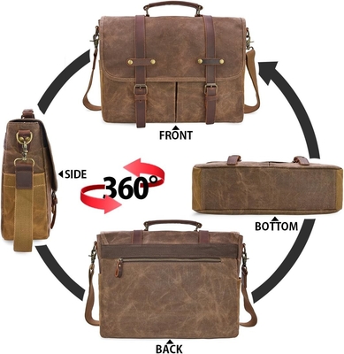 15.6 Zoll wasserdicht Vintage echtes Leder Wachs Leinwand Aktentasche Großes Leder Computer Laptop Tasche robuste Tasche