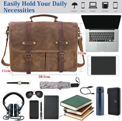 15.6 Zoll wasserdicht Vintage echtes Leder Wachs Leinwand Aktentasche Großes Leder Computer Laptop Tasche robuste Tasche