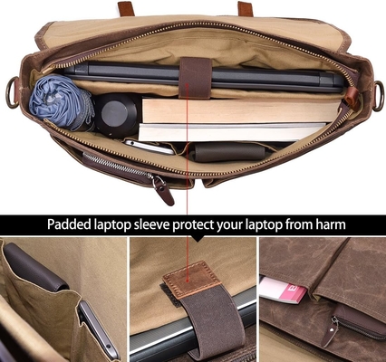 15.6 Zoll wasserdicht Vintage echtes Leder Wachs Leinwand Aktentasche Großes Leder Computer Laptop Tasche robuste Tasche