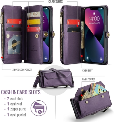 iPhone 13-Gehäuse, Reißverschluss-Brieftasche mit 7 Karten, Leder-Magnet-Flip-Flop-Armband
