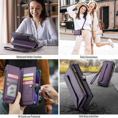 iPhone 13-Gehäuse, Reißverschluss-Brieftasche mit 7 Karten, Leder-Magnet-Flip-Flop-Armband