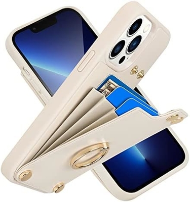Kartenhalter mit iPhone 13 Pro Max, 360° drehbarer Ringhalter, Lederhalter-Kartenspielausstattung, RFID-Schockdeckel,