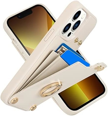 Kartenhalter mit iPhone 13 Pro Max, 360° drehbarer Ringhalter, Lederhalter-Kartenspielausstattung, RFID-Schockdeckel,