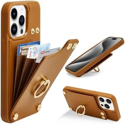 Kartenhalter mit iPhone 13 Pro Max, 360° drehbarer Ringhalter, Lederhalter-Kartenspielausstattung, RFID-Schockdeckel,