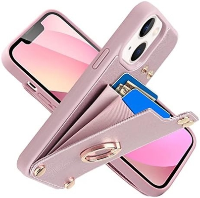 Kartenhalter mit iPhone 13 Pro Max, 360° drehbarer Ringhalter, Lederhalter-Kartenspielausstattung, RFID-Schockdeckel,