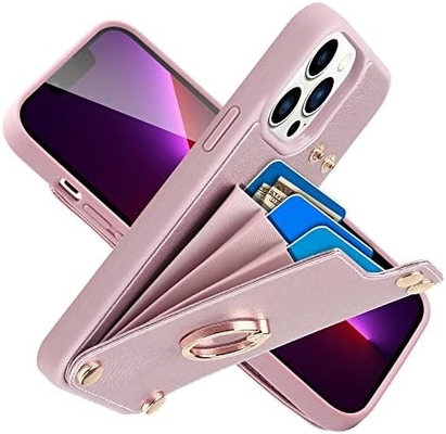 Kartenhalter mit iPhone 13 Pro Max, 360° drehbarer Ringhalter, Lederhalter-Kartenspielausstattung, RFID-Schockdeckel,