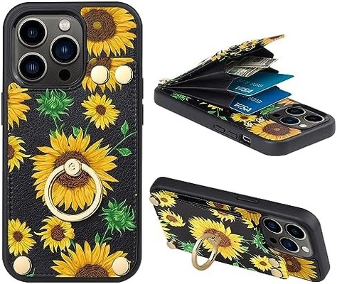 Kartenhalter mit iPhone 13 Pro Max, 360° drehbarer Ringhalter, Lederhalter-Kartenspielausstattung, RFID-Schockdeckel,