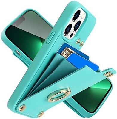 Kartenhalter mit iPhone 13 Pro Max, 360° drehbarer Ringhalter, Lederhalter-Kartenspielausstattung, RFID-Schockdeckel,