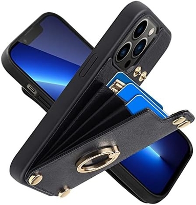 Kartenhalter mit iPhone 13 Pro Max, 360° drehbarer Ringhalter, Lederhalter-Kartenspielausstattung, RFID-Schockdeckel,