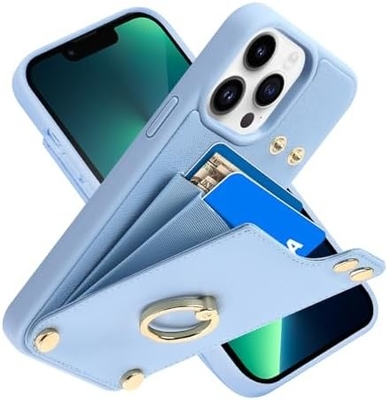 Kartenhalter mit iPhone 13 Pro Max, 360° drehbarer Ringhalter, Lederhalter-Kartenspielausstattung, RFID-Schockdeckel,