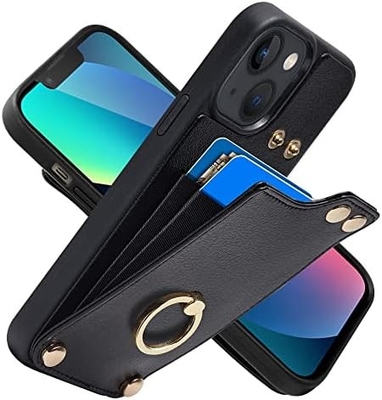 Kartenhalter mit iPhone 13 Pro Max, 360° drehbarer Ringhalter, Lederhalter-Kartenspielausstattung, RFID-Schockdeckel,