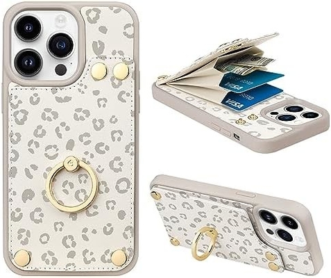 Kartenhalter mit iPhone 13 Pro Max, 360° drehbarer Ringhalter, Lederhalter-Kartenspielausstattung, RFID-Schockdeckel,