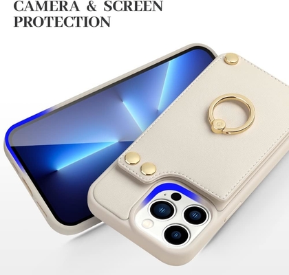 Kartenhalter mit iPhone 13 Pro Max, 360° drehbarer Ringhalter, Lederhalter-Kartenspielausstattung, RFID-Schockdeckel,