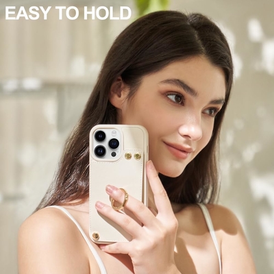Kartenhalter mit iPhone 13 Pro Max, 360° drehbarer Ringhalter, Lederhalter-Kartenspielausstattung, RFID-Schockdeckel,