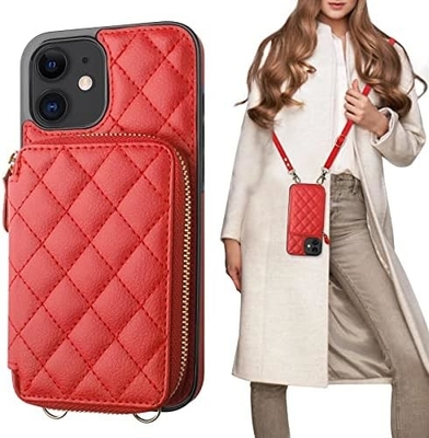 iPhone 12/12 Pro Crossbody Tasche, RFID abgeschirmter PU-Lederband Halterung mit Kartenslot Split-Tasche Handgelenk-Gurt Lanyard