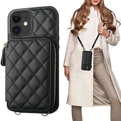 iPhone 12/12 Pro Crossbody Tasche, RFID abgeschirmter PU-Lederband Halterung mit Kartenslot Split-Tasche Handgelenk-Gurt Lanyard