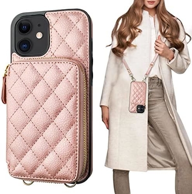 iPhone 12/12 Pro Crossbody Tasche, RFID abgeschirmter PU-Lederband Halterung mit Kartenslot Split-Tasche Handgelenk-Gurt Lanyard