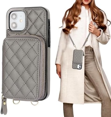iPhone 12/12 Pro Crossbody Tasche, RFID abgeschirmter PU-Lederband Halterung mit Kartenslot Split-Tasche Handgelenk-Gurt Lanyard