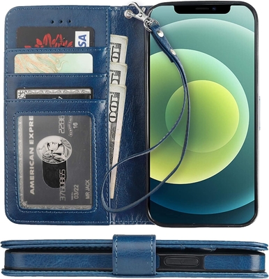 Kompatibel mit iPhone 12/Pro Brieftaschenkoffer mit Kartenhalter PU Lederstand Stoßfest Wristband 6,1 Zoll