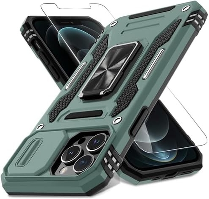 iPhone 12 Pro Max mit Slide-Kamera-Abdeckung+Bildschirmschutz ((1 Pack),Rotated Ring Kickstand Militär-Schockdicht