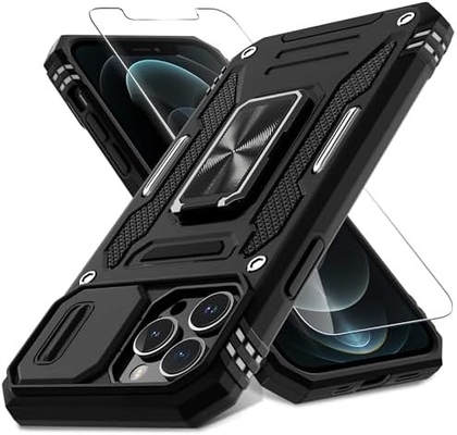 iPhone 12 Pro Max mit Slide-Kamera-Abdeckung+Bildschirmschutz ((1 Pack),Rotated Ring Kickstand Militär-Schockdicht
