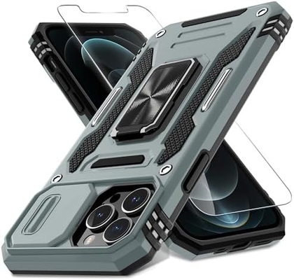 iPhone 12 Pro Max mit Slide-Kamera-Abdeckung+Bildschirmschutz ((1 Pack),Rotated Ring Kickstand Militär-Schockdicht