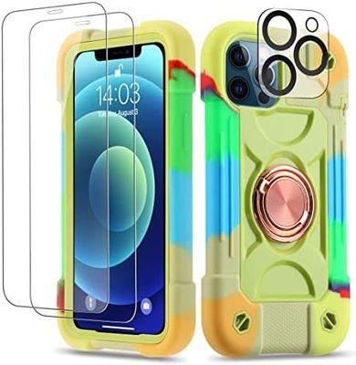 iPhone 12 Pro Max Gehäuse 6,7&quot; - Stoßdicht für schwere Einsätze, Ringstand, Glasbildschirm und Kameraobjektivschutz (Rainbow Pink)